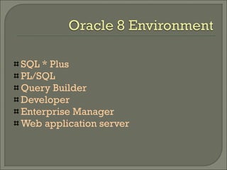SQL * Plus
PL/SQL
Query Builder
Developer
Enterprise Manager
Web application server
 
