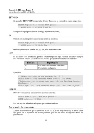 Manual de SQL para Oracle 9i
comandos internos SQL e iSQL*Plus
30
BETWEEN
El operador BETWEEN nos permite obtener datos que se encuentren en un rango. Uso:
SELECT tipo,modelo,precio FROM piezas
WHERE precio BETWEEN 3 AND 8;
Saca piezas cuyos precios estén entre 3 y 8 (ambos incluidos).
IN
Permite obtener registros cuyos valores estén en una lista:
SELECT tipo,modelo,precio FROM piezas
WHERE precio IN (3,5, 8);
Obtiene piezas cuyos precios sea 3, 5 u 8, sólo uno de esos tres.
LIKE
Se usa sobre todo con textos, permite obtener registros cuyo valor en un campo cumpla
una condición textual. LIKE utiliza una cadena que puede contener estos símbolos:
Símbolo Significado
% Una serie cualquiera de caracteres
_ Un carácter cualquiera
Ejemplos:
/* Selecciona nombres que empiecen por S */
SELECT nombre FROM personas WHERE nombre LIKE 'A%';
/*Selecciona las personas cuyo apellido sea Sanchez, Senchez,
Stnchez,...*/
SELECT apellido1 FROM Personas WHERE apellido1 LIKE 'S_nchez';
IS NULL
Devuelve verdadero si una expresión contiene un nulo:
SELECT nombre,apellidos FROM personas
WHERE telefono IS NULL
Esa instrucción selecciona a la gente que no tiene teléfono
Precedencia de operadores
A veces las expresiones que se producen en los SELECT son muy extensas y es difícil saber
que parte de la expresión se evalúa primero, por ello se indica la siguiente tabla de
precedencia:
 