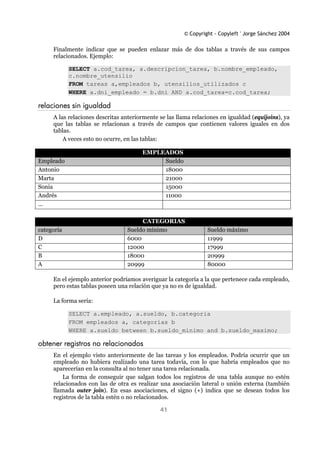 © Copyright - Copyleft ' Jorge Sánchez 2004
41
Finalmente indicar que se pueden enlazar más de dos tablas a través de sus campos
relacionados. Ejemplo:
SELECT a.cod_tarea, a.descripcion_tarea, b.nombre_empleado,
c.nombre_utensilio
FROM tareas a,empleados b, utensilios_utilizados c
WHERE a.dni_empleado = b.dni AND a.cod_tarea=c.cod_tarea;
relaciones sin igualdad
A las relaciones descritas anteriormente se las llama relaciones en igualdad (equijoins), ya
que las tablas se relacionan a través de campos que contienen valores iguales en dos
tablas.
A veces esto no ocurre, en las tablas:
EMPLEADOS
Empleado Sueldo
Antonio 18000
Marta 21000
Sonia 15000
Andrés 11000
...
CATEGORIAS
categoría Sueldo mínimo Sueldo máximo
D 6000 11999
C 12000 17999
B 18000 20999
A 20999 80000
En el ejemplo anterior podríamos averiguar la categoría a la que pertenece cada empleado,
pero estas tablas poseen una relación que ya no es de igualdad.
La forma sería:
SELECT a.empleado, a.sueldo, b.categoria
FROM empleados a, categorias b
WHERE a.sueldo between b.sueldo_minimo and b.sueldo_maximo;
obtener registros no relacionados
En el ejemplo visto anteriormente de las tareas y los empleados. Podría ocurrir que un
empleado no hubiera realizado una tarea todavía, con lo que habría empleados que no
aparecerían en la consulta al no tener una tarea relacionada.
La forma de conseguir que salgan todos los registros de una tabla aunque no estén
relacionados con las de otra es realizar una asociación lateral o unión externa (también
llamada outer join). En esas asociaciones, el signo (+) indica que se desean todos los
registros de la tabla estén o no relacionados.
 