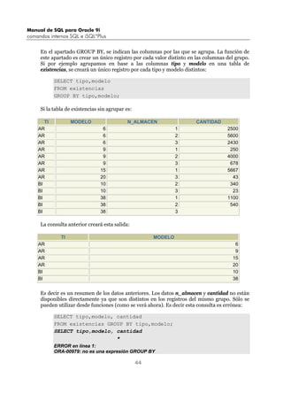 Manual de SQL para Oracle 9i
comandos internos SQL e iSQL*Plus
44
En el apartado GROUP BY, se indican las columnas por las que se agrupa. La función de
este apartado es crear un único registro por cada valor distinto en las columnas del grupo.
Si por ejemplo agrupamos en base a las columnas tipo y modelo en una tabla de
existencias, se creará un único registro por cada tipo y modelo distintos:
SELECT tipo,modelo
FROM existencias
GROUP BY tipo,modelo;
Si la tabla de existencias sin agrupar es:
TI MODELO N_ALMACEN CANTIDAD
AR 6 1 2500
AR 6 2 5600
AR 6 3 2430
AR 9 1 250
AR 9 2 4000
AR 9 3 678
AR 15 1 5667
AR 20 3 43
BI 10 2 340
BI 10 3 23
BI 38 1 1100
BI 38 2 540
BI 38 3
La consulta anterior creará esta salida:
TI MODELO
AR 6
AR 9
AR 15
AR 20
BI 10
BI 38
Es decir es un resumen de los datos anteriores. Los datos n_almacen y cantidad no están
disponibles directamente ya que son distintos en los registros del mismo grupo. Sólo se
pueden utilizar desde funciones (como se verá ahora). Es decir esta consulta es errónea:
SELECT tipo,modelo, cantidad
FROM existencias GROUP BY tipo,modelo;
SELECT tipo,modelo, cantidad
*
ERROR en línea 1:
ORA-00979: no es una expresión GROUP BY
 