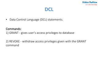 Oracle/SQL For Beginners - DDL | DML | DCL | TCL - Quick Learning | PPT