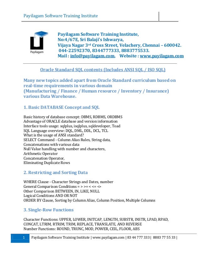 Oracle Sql Plsql Syllabus For Payilagam Training Institute