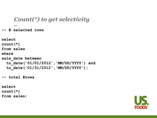 Count(*) to get selectivity
-- # selected rows
select
count(*)
from sales
where
sale_date between
to_date('01/01/2012','MM/DD/YYYY') and
to_date('01/31/2012','MM/DD/YYYY');
-- total #rows
select
count(*)
from sales;
 