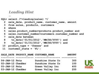 Leading Hint
SQL> select /*+leading(sales) */
2 sale_date, product_name, customer_name, amount
3 from sales, products, customers
4 where
5 sales.product_number=products.product_number and
6 sales.customer_number=customers.customer_number and
7 sale_date between
8 to_date('01/01/2012','MM/DD/YYYY') and
9 to_date('01/31/2012','MM/DD/YYYY') and
10 product_type = 'Cheese' and
11 customer_state = 'FL';
SALE_DATE PRODUCT_NAME CUSTOMER_NAME AMOUNT
--------- ------------ ----------------- ----------
04-JAN-12 Feta Sunshine State Co 300
02-JAN-12 Chedder Sunshine State Co 100
05-JAN-12 Feta Green Valley Inc 400
03-JAN-12 Chedder Green Valley Inc 200
 