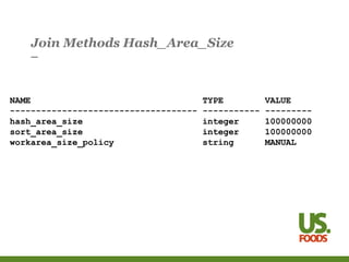 Join Methods Hash_Area_Size
NAME TYPE VALUE
------------------------------------ ----------- ---------
hash_area_size integer 100000000
sort_area_size integer 100000000
workarea_size_policy string MANUAL
 
