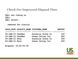 Check For Improved Elapsed Time
SQL> set timing on
SQL>
SQL> select …
… removed for clarity …
SALE_DATE PRODUCT_NAME CUSTOMER_NAME AMOUNT
--------- ------------ ----------------- ----------
02-JAN-12 Chedder Sunshine State Co 100
03-JAN-12 Chedder Green Valley Inc 200
04-JAN-12 Feta Sunshine State Co 300
05-JAN-12 Feta Green Valley Inc 400
Elapsed: 00:00:00.00
 