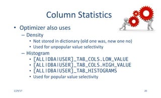 Column	Statistics
• Optimizer	also	uses
– Density
• Not	stored	in	dictionary	(old	one	was,	new	one	no)
• Used	for	unpopular	value	selectivity
– Histogram
• [ALL|DBA|USER]_TAB_COLS.LOW_VALUE
• [ALL|DBA|USER]_TAB_COLS.HIGH_VALUE
• [ALL|DBA|USER]_TAB_HISTOGRAMS
• Used	for	popular	value	selectivity
1/29/17 20
 