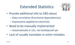 Extended	Statistics
• Provide	additional	info	to	CBO	about
– Data	correlation	(functional	dependencies)
– Expressions	applied	to	column(s)
• Need	to	be	manually	implemented
– Automatically	in	12c,	not	bulletproof	yet
• Lack	of	usually	translates	in	estim mistakes
1/29/17 28
 
