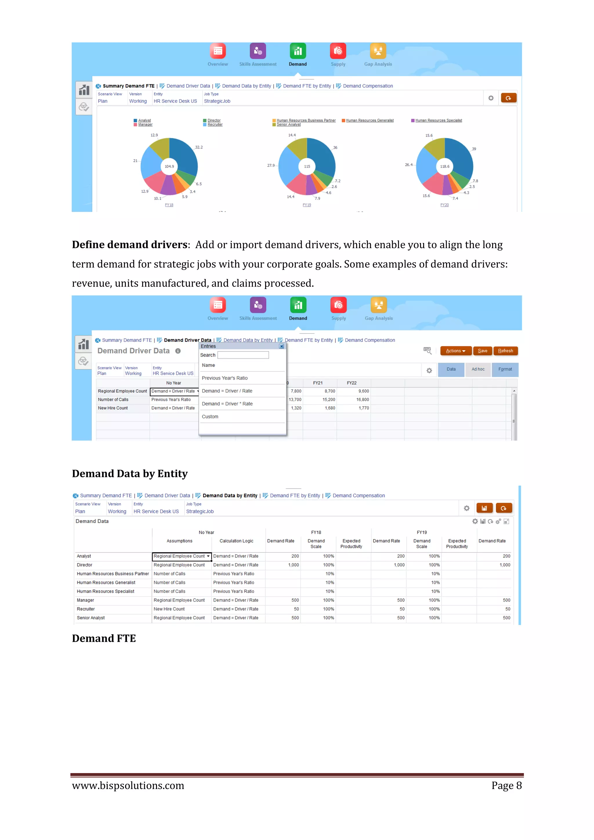 www.bispsolutions.com Page 8
Define demand drivers: Add or import demand drivers, which enable you to align the long
term demand for strategic jobs with your corporate goals. Some examples of demand drivers:
revenue, units manufactured, and claims processed.
Demand Data by Entity
Demand FTE
 