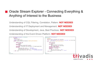 Oracle Stream Explorer - Connecting Everything &
Anything of Interest to the Business
Understanding of CQL Filtering, Correlation, Pattern: NOT NEEDED
Understanding of IT Deployment and Management: NOT NEEDED
Understanding of Development, Java, Best Practices: NOT NEEDED
Understanding of the Event Driven Platform: NOT NEEDED
 