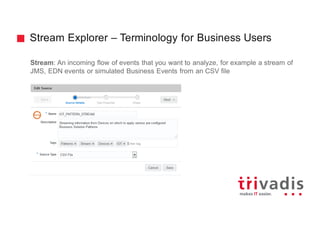 Stream Explorer – Terminology for Business Users
Stream: An incoming flow of events that you want to analyze, for example a stream of
JMS, EDN events or simulated Business Events from an CSV file
 