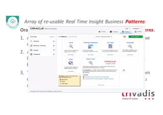 Array	of	re-usable	Real	Time	Insight	Business	Patterns
Oracle	Stream	Explorer provides	a	feature	known	as	patterns.	
1. A pattern provides	you	with	the	results	displayed	in	a	live	
output	stream	based	on	common	business	scenarios
2. A pattern is	a	template	of	an Oracle	Stream	Explorer	
Platform	Application	that	already	has	the	business	logic	
built	into	it
3. The	visual	representation	of	the	event	stream	varies	from	
one	pattern type	to	another	based	on	the	key	fields	you	
choose
 