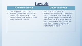 Layouts
Character Layout Graphical Layout
• Used in paper based trails
• We can generate a character-
based layout from a DCM that
becomes the form used for data
entry in Oracle Clinical
• Used in RDC based trails
• We can associate the DCM with a
Data Collection Instrument (DCI)
and generate graphic layout that
becomes the HTML form used for
data entry in RDC Onsite and the
PDF form used to generate the
Patient Data Report
 