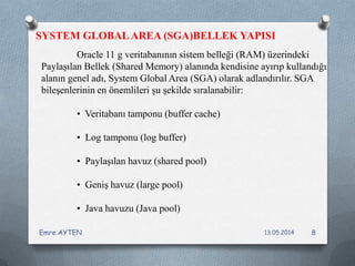 Oracle 11 g veritabanının sistem belleği (RAM) üzerindeki
Paylaşılan Bellek (Shared Memory) alanında kendisine ayırıp kullandığı
alanın genel adı, System Global Area (SGA) olarak adlandırılır. SGA
bileşenlerinin en önemlileri şu şekilde sıralanabilir:
• Veritabanı tamponu (buffer cache)
• Log tamponu (log buffer)
• Paylaşılan havuz (shared pool)
• Geniş havuz (large pool)
• Java havuzu (Java pool)
SYSTEM GLOBALAREA (SGA)BELLEK YAPISI
13.05.2014Emre AYTEN 8
 