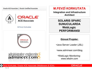 1 - 1
M.FEVZİ KORKUTATA
Integration and Infrastructure
Architect
Güncel Projeler:
•Java Server Loader (JSL)
•www.admineer.com/blog
•WebLogic Monitoring:
www.wlsdm.com
Fevzi Korkutata, Oracle ACE Associate (Middleware & SOA)
SOLARIS SPARC
SUNUCULARDA
WebLogic
PERFORMANSI
 