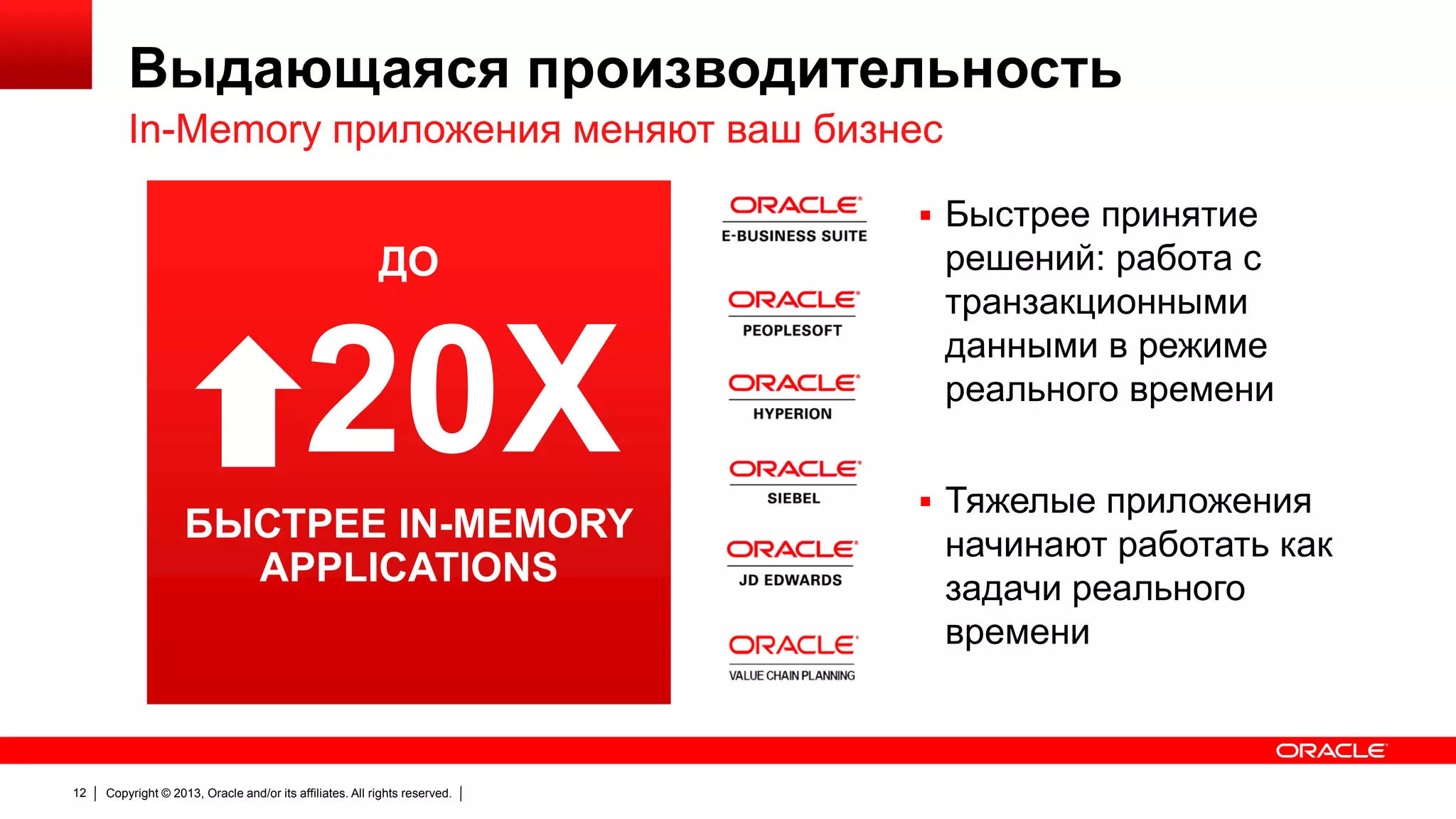 Выдающаяся производительность
In-Memory приложения меняют ваш бизнес
 Быстрее принятие

ДО

20X
БЫСТРЕЕ IN-MEMORY
APPLICATIONS

12

Copyright © 2013, Oracle and/or its affiliates. All rights reserved.

решений: работа с
транзакционными
данными в режиме
реального времени
 Тяжелые приложения

начинают работать как
задачи реального
времени

 