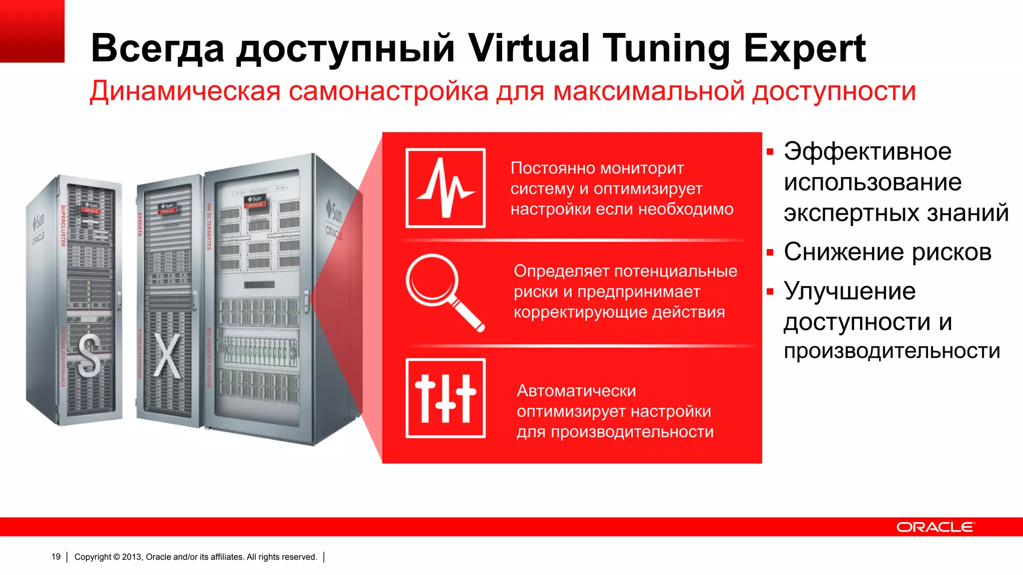 Всегда доступный Virtual Tuning Expert
Динамическая самонастройка для максимальной доступности
Постоянно мониторит
систему и оптимизирует
настройки если необходимо

Определяет потенциальные
риски и предпринимает
корректирующие действия

 Эффективное

использование
экспертных знаний
 Снижение рисков
 Улучшение

доступности и
производительности

Автоматически
оптимизирует настройки
для производительности

19

Copyright © 2013, Oracle and/or its affiliates. All rights reserved.

 