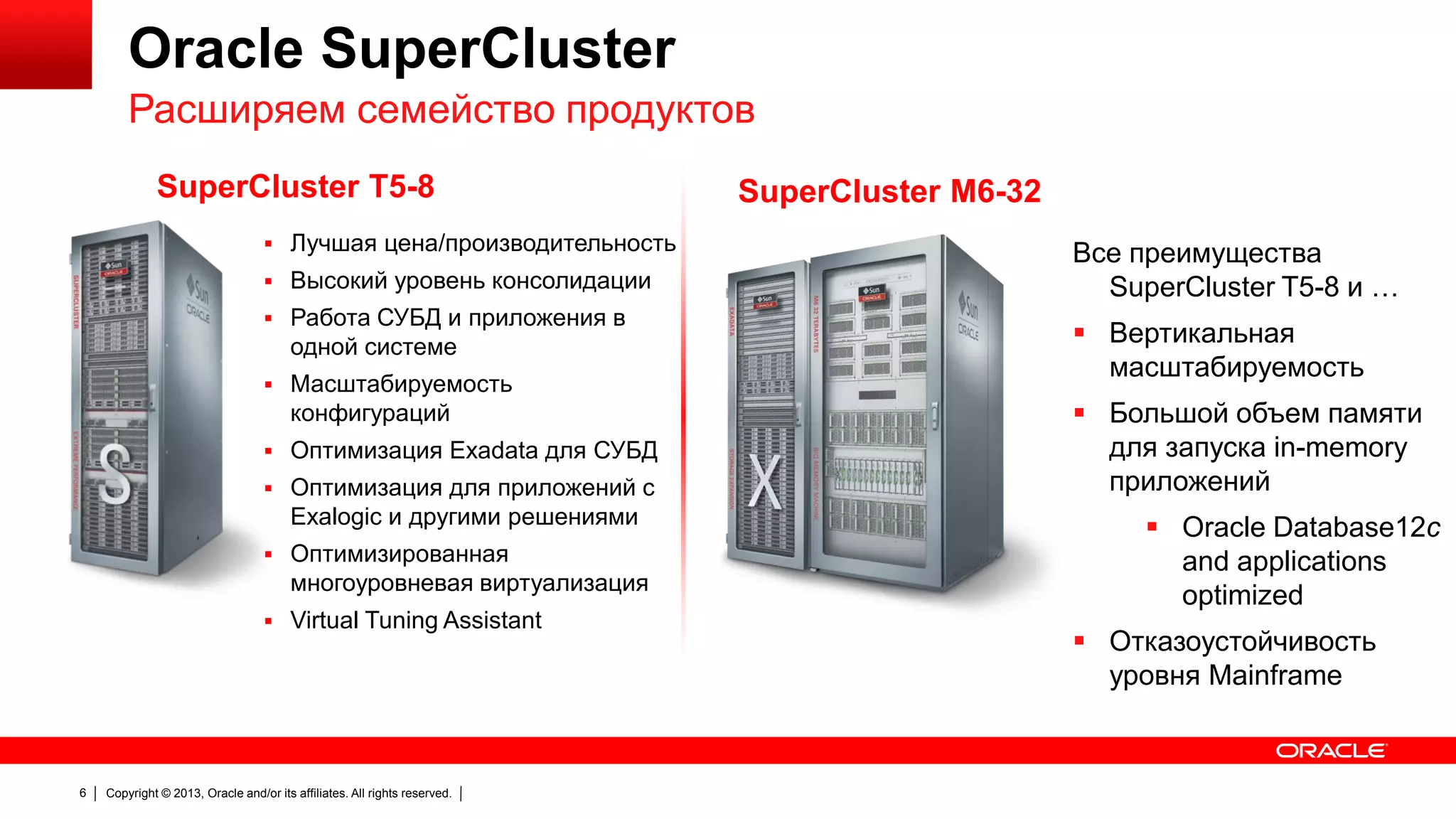 Oracle SuperCluster
Расширяем семейство продуктов
SuperCluster T5-8
 Лучшая цена/производительность
 Высокий уровень консолидации
 Работа СУБД и приложения в

одной системе
 Масштабируемость

конфигураций
 Оптимизация Exadata для СУБД
 Оптимизация для приложений с

Exalogic и другими решениями
 Оптимизированная

многоуровневая виртуализация
 Virtual Tuning Assistant

6

Copyright © 2013, Oracle and/or its affiliates. All rights reserved.

SuperCluster M6-32
Все преимущества
SuperCluster T5-8 и …
 Вертикальная
масштабируемость
 Большой объем памяти
для запуска in-memory
приложений
 Oracle Database12c
and applications
optimized
 Отказоустойчивость
уровня Mainframe

 