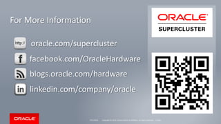 Copyright © 2015, Oracle and/or its affiliates. All rights reserved. |
For More Information
facebook.com/OracleHardware
blogs.oracle.com/hardware
linkedin.com/company/oracle
oracle.com/supercluster
Copyright © 2014, Oracle and/or its affiliates. All rights reserved. |7/21/2016 Public
 