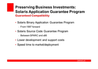 Preserving Business Investments:
Solaris Application Guarantee Program
Guaranteed Compatibility

• Solaris Binary Application Guarantee Program
  – From 1997 forward
• Solaris Source Code Guarantee Program
  – Between SPARC and x86
• Lower development and support costs
• Speed time to market/deployment
 