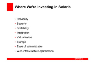 Where We're Investing in Solaris


• Reliability
• Security
• Scalability
• Integration
• Virtualization
• Storage
• Ease of administration
• Web infrastructure optimization
 