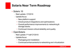 Solaris Near Term Roadmap
• Solaris 10
  – Next update CY2010
  – Update focus:
     • New platform support
     • Oracle product integrations and optimizations
     • Overall performance improvements to networking &
       storage stacks
     • Continued mission critical reliability and quality
• OpenSolaris
  – Next update 1st half CY2010
  – Update focus:
     • Packaging and installation
     • Continued enhancements to networking and virtualization
 