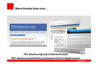 More threats than ever…




          70% attacks originate inside the firewall
90% attacks perpetrated by employees with privileged access
 