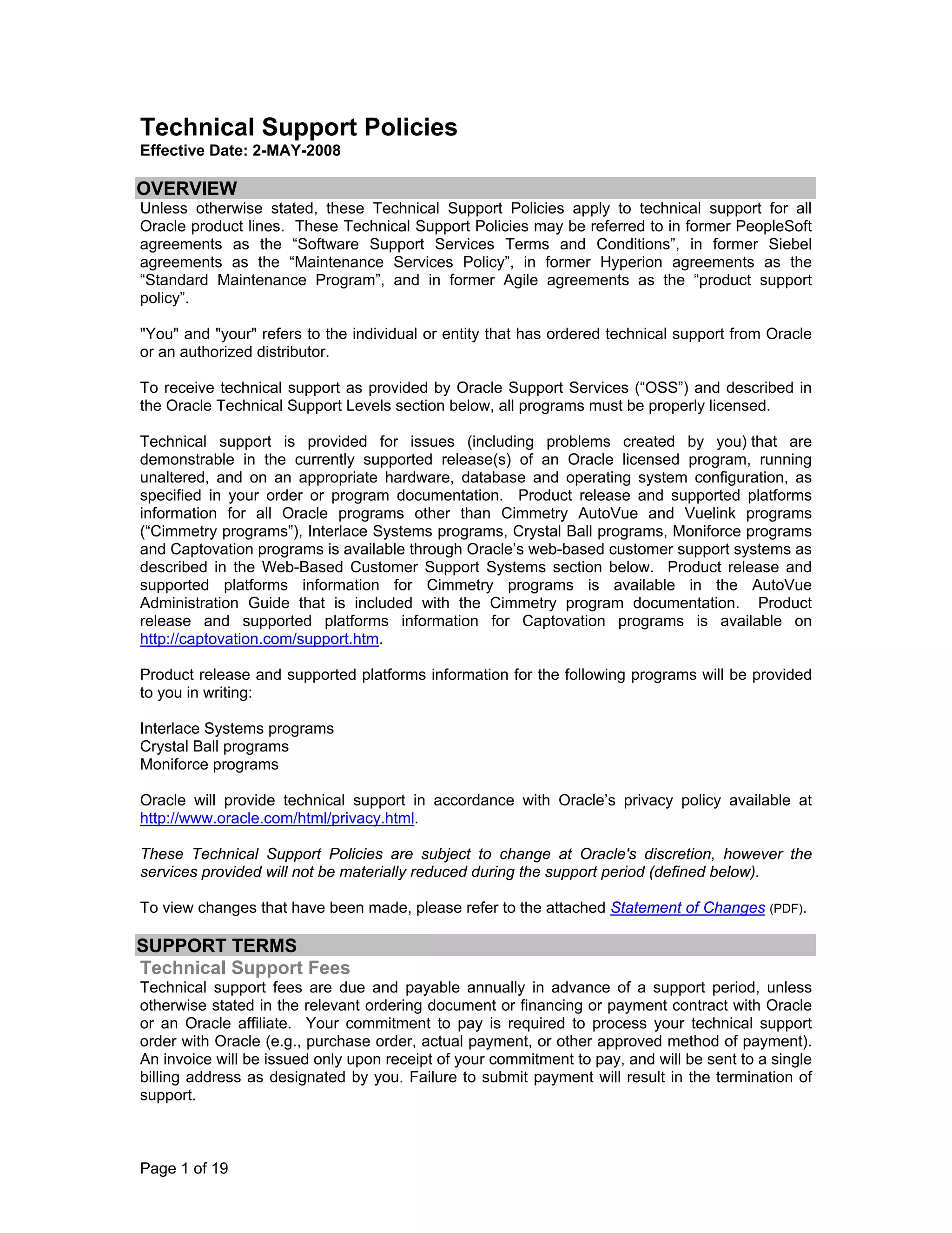 Oracle Technical Support Policies