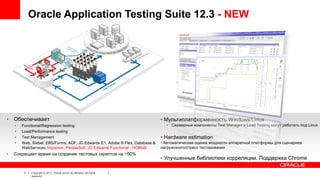 Oracle Application Testing Suite 12.3 - NEW

• Обеспечивает
•
•
•
•

•

Functional/Regression testing
Load/Performance testing
Test Management
Web, Siebel, EBS/Forms, ADF, JD Edwards E1, Adobe ® Flex, Database &
WebServices, Hyperion, PeopleSoft, JD Edwards Functional - НОВЫЕ

Сокращает время на создание тестовых скриптов на ~50%

11

Copyright © 2011, Oracle and/or its affiliates. All rights
reserved.

• Мультиплатформенность Windows/Linux
• Серверные компоненты Test Manager и Load Testing могут работать под Linux

• Hardware estimation
• Автоматическая оценка мощности аппаратной платформы для сценариев
нагрузочного/стресс тестирования

• Улучшенные библиотеки корреляции. Поддержка Chrome

 