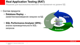 Real Application Testing (RAT)
Решение для высококачественного тестирования на уровне БД

• Состав продукта:
• Database Replay захват/воспроизведение нагрузки на БД

Deploy
Test

• SQL Performance Analyzer (SPA) анализ производительности SQLзапросов

17

Copyright © 2011, Oracle and/or its affiliates. All rights
reserved.

Change

Remediate

 