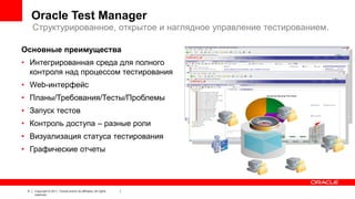 Oracle Test Manager
Структурированное, открытое и наглядное управление тестированием.
Основные преимущества
• Интегрированная среда для полного
контроля над процессом тестирования
• Web-интерфейс
• Планы/Требования/Тесты/Проблемы
• Запуск тестов
• Контроль доступа – разные роли
• Визуализация статуса тестирования
• Графические отчеты

5

Copyright © 2011, Oracle and/or its affiliates. All rights
reserved.

 