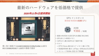 21 Confidential – © 2019 Oracle Internal/Restricted/Highly Restricted 
最新のハードウェアを低価格で提供
GPU インスタンス
⾼性能 NVIDIA A100 GPU
A100
366 / 時間
• 最新のNVIDIA A100 GPUを搭載 (NVLINK)
• GPUあたり40GBメモリ
• 1GPUから最⼤8GPUまで選択可能
• ホスト
• EPYC Rome 最⼤64コア メモリ 最⼤ 2TB
• 低遅延RDMA 最⼤ 1.6Tbps -64Nodes(512GPU)
• ストレージNVMe SSD 24 TB搭載
2020年12⽉4⽇提供開始
買い取り価格ではA100/V100(DGX $199k/$149k) 1.3倍を
OCIは(¥366/¥354)の 1.03倍の価格で提供
 