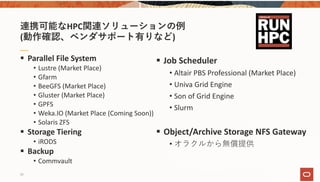 連携可能なHPC関連ソリューションの例
(動作確認、ベンダサポート有りなど)
 Parallel File System
• Lustre (Market Place)
• Gfarm
• BeeGFS (Market Place)
• Gluster (Market Place)
• GPFS
• Weka.IO (Market Place (Coming Soon)) 
• Solaris ZFS
 Storage Tiering 
• iRODS
 Backup 
• Commvault
 Job Scheduler
• Altair PBS Professional (Market Place)
• Univa Grid Engine
• Son of Grid Engine
• Slurm 
 Object/Archive Storage NFS Gateway
• オラクルから無償提供
29
 