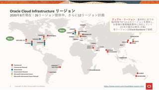 3 Copyright © 2020, Oracle and/or its affiliates
2020年8⽉現在：26リージョン提供中、さらに12リージョン計画
Oracle Cloud Infrastructure リージョン
SAN JOSE, CA
PHOENIX
CHICAGO
ASHBURN
TORONTO MONTREAL
SANTIAGO
VINHEDO
SAO PAULO
CARDIFF
EUROPE
AMSTERDAM
FRANKFURT
ZURICH
LONDON
SWEDEN
ITALY
FRANCE
JEDDAH
ISRAEL
DUBAI
MUMBAI
HYDERABAD
SINGAPORE
CHUNCHEON
SEOUL
ASIA
TOKYO
OSAKA
JOHANNESBURG
SYDNEY
MELBOURNE
Commercial
Commercial Planned
Government
Government Planned
Microsoft Interconnect Azure
Microsoft Interconnect Azure Planned
SAUDI 2
UAE 2
デュアル・リージョン：基本的に全ての
国/地域で2つ以上のリージョンを提供し、
お客様の業務継続要件に対応していく
(⽇本の場合は東京‐⼤阪)
各リージョンはOracle Backboneで接続
New
New
https://www.oracle.com/cloud/data‐regions.html
 