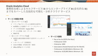 Oracle Analytics Cloud
業務担当者によるセルフサービス BI からエンタープライズ BI (全社的な BI)
までをカバーした包括的な可視化・分析クラウド サービス
 サービス概要/特徴
• 【 セルフサービス BI 】
 ドラッグ & ドロップによる直感的な操作性
 40 種類以上の接続データ・ソースとチャート
 データの特性診断（Explain 機能）
 データの準備・加⼯（データ・フロー機能）
 機械学習
• 【 エンタープライズ BI 】
 直感的な概況把握を実現する定形ダッシュボード
（KPI）
 レポーティング（定期配信）
 ⾃由分析機能（⾮定型分析・検索）
 Office 連携 & モバイル対応
 サービス価格
• Pay as You Go [OCPU Per Hour]
‐ Professional: ¥242
‐ Enterprise: ¥484
• Subscription [Hosted Named User Per Month]
‐ Professional: ¥2,400 (Metric Minimum: 20)
‐ Enterprise: ¥120,000 (Metric Minimum: 10)
56
 