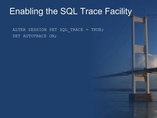 Enabling the SQL Trace Facility 
ALTER SESSION SET SQL_TRACE = TRUE; 
SET AUTOTRACE ON; 
 