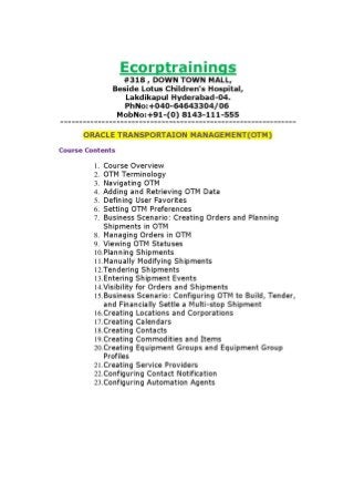 ORACLE TRANSPORTAION MANAGEMENT(OTM) Training in Hyderabad India Ecorp Institute