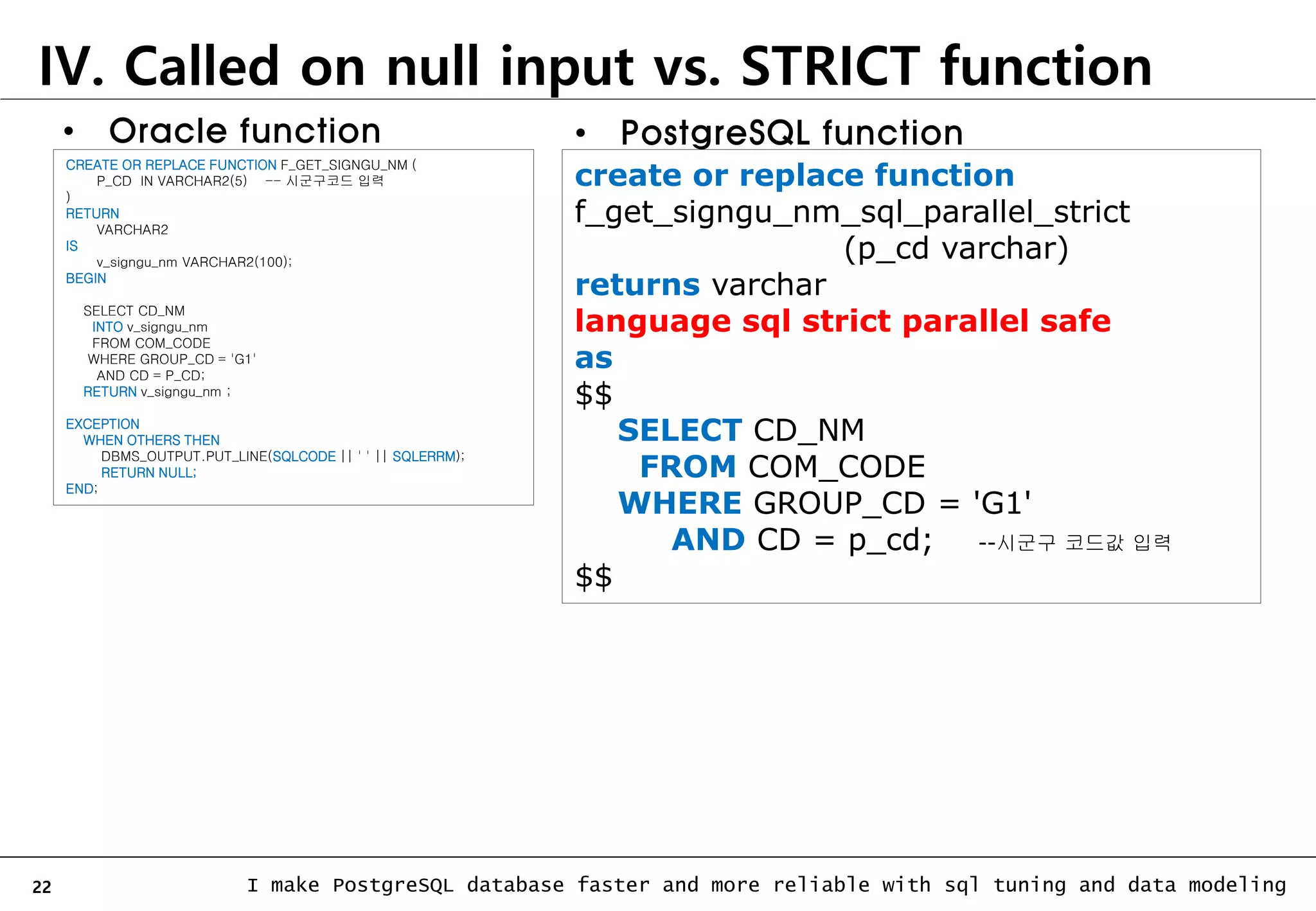 22 I make PostgreSQL database faster and more reliable with sql tuning and data modeling CREATE OR REPLACE FUNCTION F_GET_SIGNGU_NM ( P_CD IN VARCHAR2(5) -- 시군구코드 입력 ) RETURN VARCHAR2 IS v_signgu_nm VARCHAR2(100); BEGIN SELECT CD_NM INTO v_signgu_nm FROM COM_CODE WHERE GROUP_CD = 'G1' AND CD = P_CD; RETURN v_signgu_nm ; EXCEPTION WHEN OTHERS THEN DBMS_OUTPUT.PUT_LINE(SQLCODE || ' ' || SQLERRM); RETURN NULL; END; • Oracle function create or replace function f_get_signgu_nm_sql_parallel_strict (p_cd varchar) returns varchar language sql strict parallel safe as $$ SELECT CD_NM FROM COM_CODE WHERE GROUP_CD = 'G1' AND CD = p_cd; --시군구 코드값 입력 $$ • PostgreSQL function IV. Called on null input vs. STRICT function 