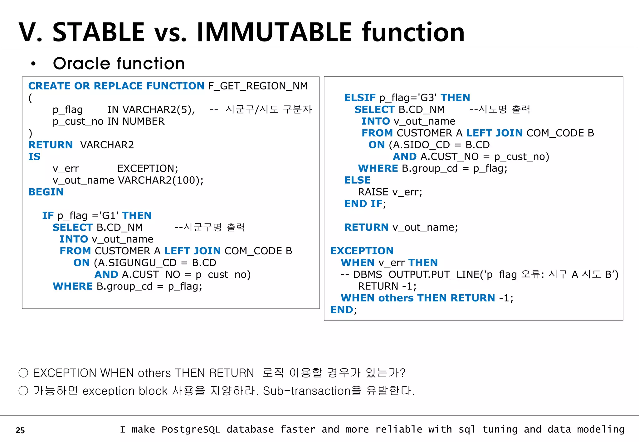 25 I make PostgreSQL database faster and more reliable with sql tuning and data modeling V. STABLE vs. IMMUTABLE function CREATE OR REPLACE FUNCTION F_GET_REGION_NM ( p_flag IN VARCHAR2(5), -- 시군구/시도 구분자 p_cust_no IN NUMBER ) RETURN VARCHAR2 IS v_err EXCEPTION; v_out_name VARCHAR2(100); BEGIN IF p_flag ='G1' THEN SELECT B.CD_NM --시군구명 출력 INTO v_out_name FROM CUSTOMER A LEFT JOIN COM_CODE B ON (A.SIGUNGU_CD = B.CD AND A.CUST_NO = p_cust_no) WHERE B.group_cd = p_flag; • Oracle function ELSIF p_flag='G3' THEN SELECT B.CD_NM --시도명 출력 INTO v_out_name FROM CUSTOMER A LEFT JOIN COM_CODE B ON (A.SIDO_CD = B.CD AND A.CUST_NO = p_cust_no) WHERE B.group_cd = p_flag; ELSE RAISE v_err; END IF; RETURN v_out_name; EXCEPTION WHEN v_err THEN -- DBMS_OUTPUT.PUT_LINE('p_flag 오류: 시구 A 시도 B’) RETURN -1; WHEN others THEN RETURN -1; END; ○ EXCEPTION WHEN others THEN RETURN 로직 이용할 경우가 있는가? ○ 가능하면 exception block 사용을 지양하라. Sub-transaction을 유발한다. 