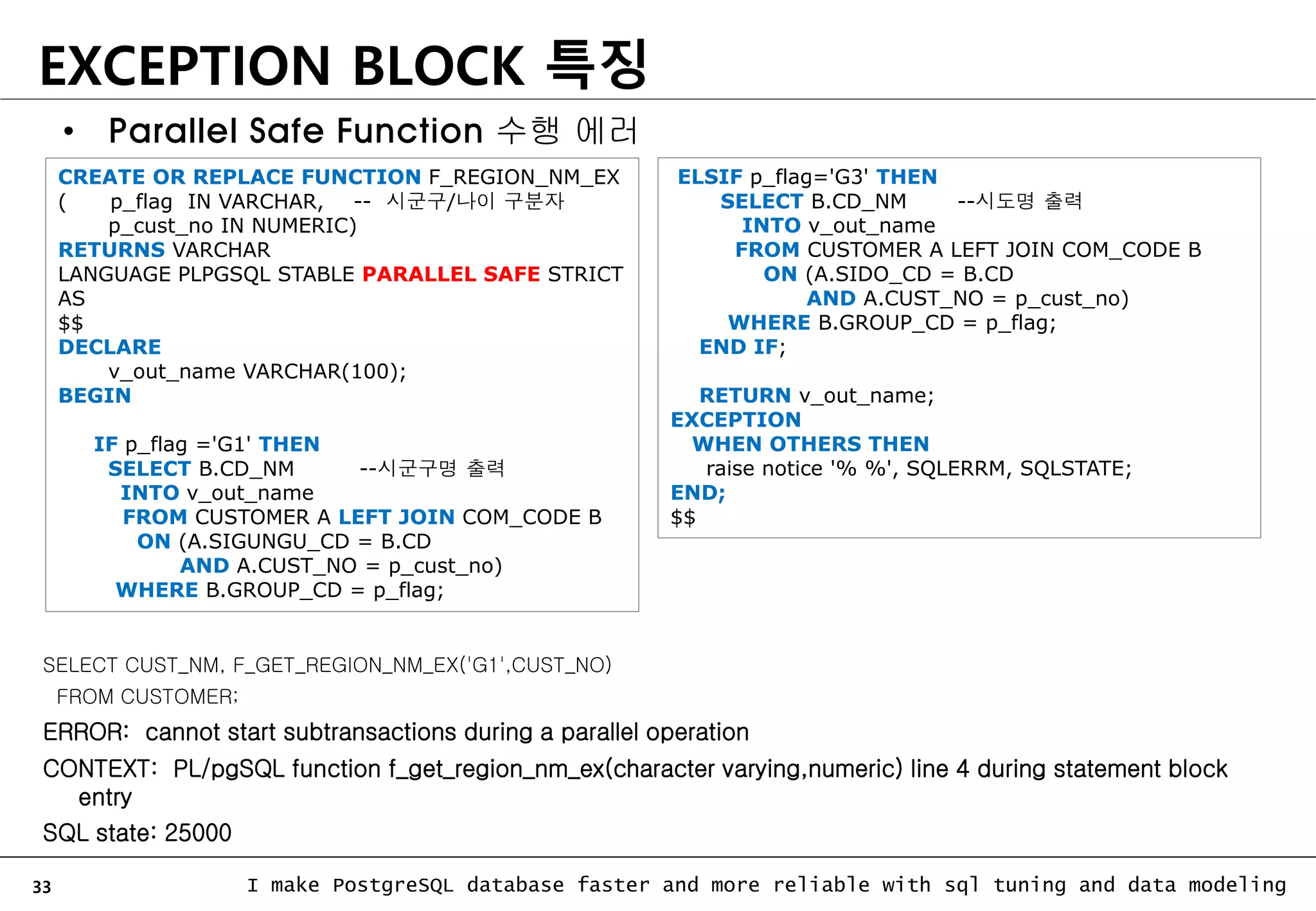 33 I make PostgreSQL database faster and more reliable with sql tuning and data modeling EXCEPTION BLOCK 특징 CREATE OR REPLACE FUNCTION F_REGION_NM_EX ( p_flag IN VARCHAR, -- 시군구/나이 구분자 p_cust_no IN NUMERIC) RETURNS VARCHAR LANGUAGE PLPGSQL STABLE PARALLEL SAFE STRICT AS $$ DECLARE v_out_name VARCHAR(100); BEGIN IF p_flag ='G1' THEN SELECT B.CD_NM --시군구명 출력 INTO v_out_name FROM CUSTOMER A LEFT JOIN COM_CODE B ON (A.SIGUNGU_CD = B.CD AND A.CUST_NO = p_cust_no) WHERE B.GROUP_CD = p_flag; • Parallel Safe Function 수행 에러 ELSIF p_flag='G3' THEN SELECT B.CD_NM --시도명 출력 INTO v_out_name FROM CUSTOMER A LEFT JOIN COM_CODE B ON (A.SIDO_CD = B.CD AND A.CUST_NO = p_cust_no) WHERE B.GROUP_CD = p_flag; END IF; RETURN v_out_name; EXCEPTION WHEN OTHERS THEN raise notice '% %', SQLERRM, SQLSTATE; END; $$ SELECT CUST_NM, F_GET_REGION_NM_EX('G1',CUST_NO) FROM CUSTOMER; ERROR: cannot start subtransactions during a parallel operation CONTEXT: PL/pgSQL function f_get_region_nm_ex(character varying,numeric) line 4 during statement block entry SQL state: 25000 