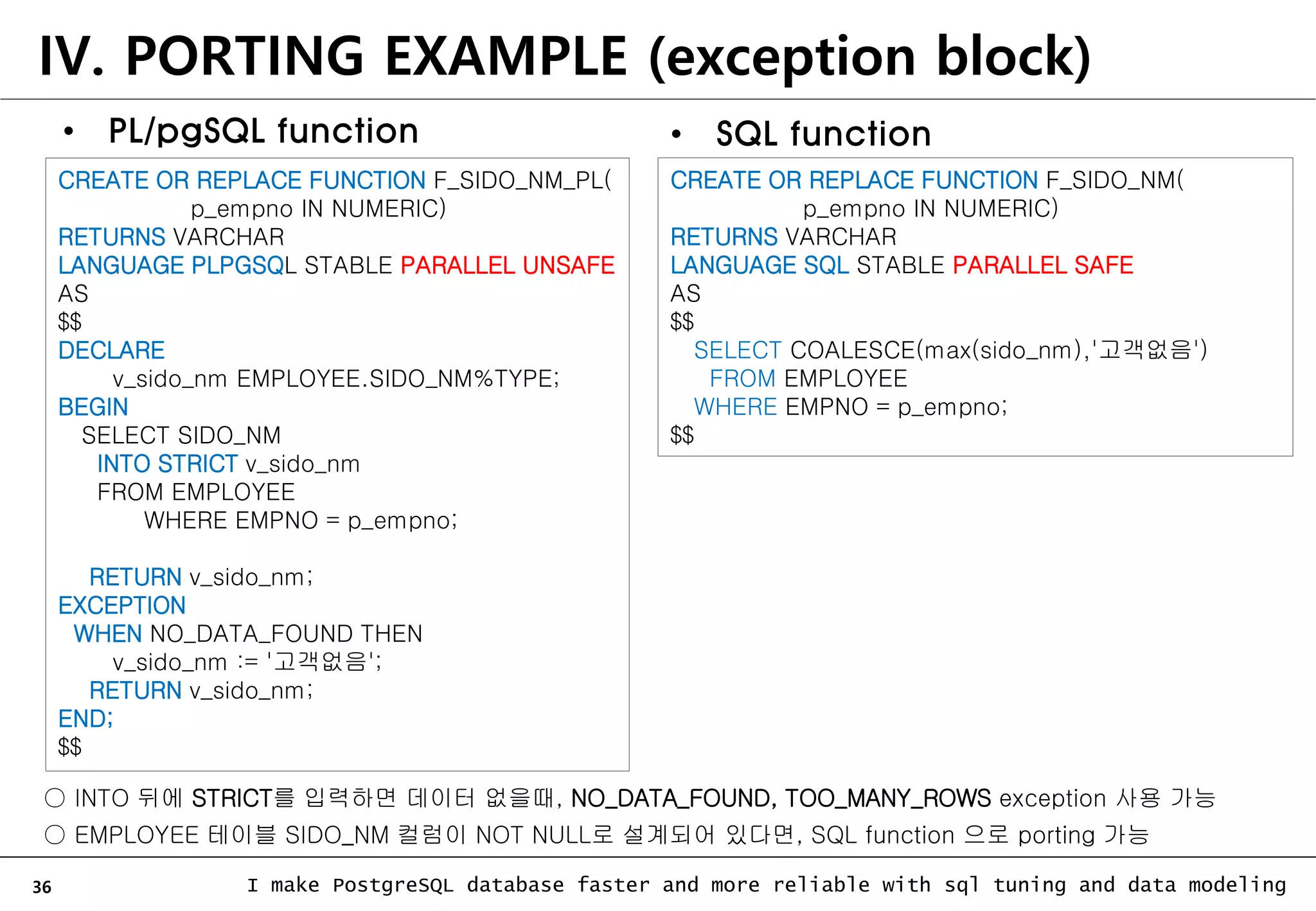 36 I make PostgreSQL database faster and more reliable with sql tuning and data modeling • PL/pgSQL function CREATE OR REPLACE FUNCTION F_SIDO_NM_PL( p_empno IN NUMERIC) RETURNS VARCHAR LANGUAGE PLPGSQL STABLE PARALLEL UNSAFE AS $$ DECLARE v_sido_nm EMPLOYEE.SIDO_NM%TYPE; BEGIN SELECT SIDO_NM INTO STRICT v_sido_nm FROM EMPLOYEE WHERE EMPNO = p_empno; RETURN v_sido_nm; EXCEPTION WHEN NO_DATA_FOUND THEN v_sido_nm := '고객없음'; RETURN v_sido_nm; END; $$ CREATE OR REPLACE FUNCTION F_SIDO_NM( p_empno IN NUMERIC) RETURNS VARCHAR LANGUAGE SQL STABLE PARALLEL SAFE AS $$ SELECT COALESCE(max(sido_nm),'고객없음') FROM EMPLOYEE WHERE EMPNO = p_empno; $$ ○ INTO 뒤에 STRICT를 입력하면 데이터 없을때, NO_DATA_FOUND, TOO_MANY_ROWS exception 사용 가능 ○ EMPLOYEE 테이블 SIDO_NM 컬럼이 NOT NULL로 설계되어 있다면, SQL function 으로 porting 가능 IV. PORTING EXAMPLE (exception block) • SQL function 
