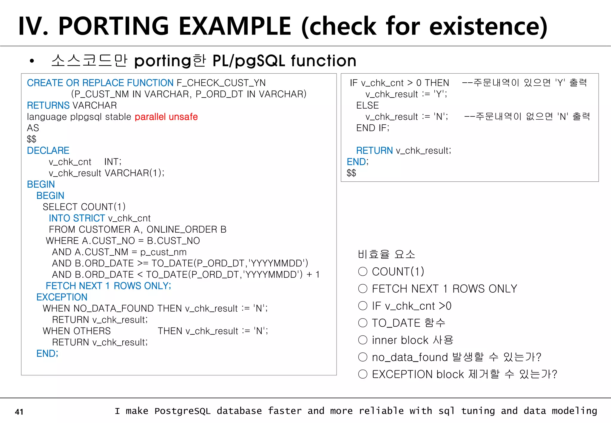 41 I make PostgreSQL database faster and more reliable with sql tuning and data modeling • 소스코드만 porting한 PL/pgSQL function IV. PORTING EXAMPLE (check for existence) CREATE OR REPLACE FUNCTION F_CHECK_CUST_YN (P_CUST_NM IN VARCHAR, P_ORD_DT IN VARCHAR) RETURNS VARCHAR language plpgsql stable parallel unsafe AS $$ DECLARE v_chk_cnt INT; v_chk_result VARCHAR(1); BEGIN BEGIN SELECT COUNT(1) INTO STRICT v_chk_cnt FROM CUSTOMER A, ONLINE_ORDER B WHERE A.CUST_NO = B.CUST_NO AND A.CUST_NM = p_cust_nm AND B.ORD_DATE >= TO_DATE(P_ORD_DT,'YYYYMMDD') AND B.ORD_DATE < TO_DATE(P_ORD_DT,'YYYYMMDD') + 1 FETCH NEXT 1 ROWS ONLY; EXCEPTION WHEN NO_DATA_FOUND THEN v_chk_result := 'N'; RETURN v_chk_result; WHEN OTHERS THEN v_chk_result := 'N'; RETURN v_chk_result; END; IF v_chk_cnt > 0 THEN --주문내역이 있으면 'Y' 출력 v_chk_result := 'Y'; ELSE v_chk_result := 'N'; --주문내역이 없으면 'N' 출력 END IF; RETURN v_chk_result; END; $$ 비효율 요소 ○ COUNT(1) ○ FETCH NEXT 1 ROWS ONLY ○ IF v_chk_cnt >0 ○ TO_DATE 함수 ○ inner block 사용 ○ no_data_found 발생할 수 있는가? ○ EXCEPTION block 제거할 수 있는가? 