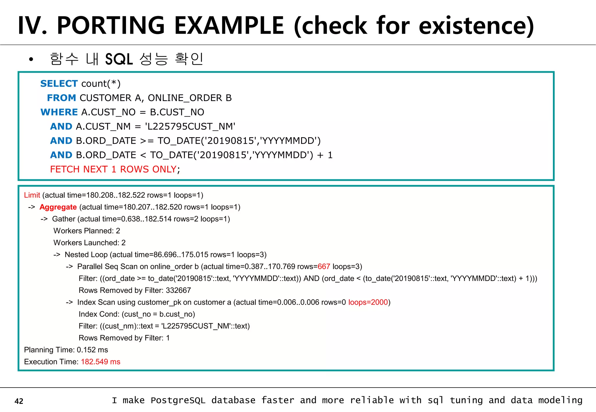 42 I make PostgreSQL database faster and more reliable with sql tuning and data modeling SELECT count(*) FROM CUSTOMER A, ONLINE_ORDER B WHERE A.CUST_NO = B.CUST_NO AND A.CUST_NM = 'L225795CUST_NM' AND B.ORD_DATE >= TO_DATE('20190815','YYYYMMDD') AND B.ORD_DATE < TO_DATE('20190815','YYYYMMDD') + 1 FETCH NEXT 1 ROWS ONLY; Limit (actual time=180.208..182.522 rows=1 loops=1) -> Aggregate (actual time=180.207..182.520 rows=1 loops=1) -> Gather (actual time=0.638..182.514 rows=2 loops=1) Workers Planned: 2 Workers Launched: 2 -> Nested Loop (actual time=86.696..175.015 rows=1 loops=3) -> Parallel Seq Scan on online_order b (actual time=0.387..170.769 rows=667 loops=3) Filter: ((ord_date >= to_date('20190815'::text, 'YYYYMMDD'::text)) AND (ord_date < (to_date('20190815'::text, 'YYYYMMDD'::text) + 1))) Rows Removed by Filter: 332667 -> Index Scan using customer_pk on customer a (actual time=0.006..0.006 rows=0 loops=2000) Index Cond: (cust_no = b.cust_no) Filter: ((cust_nm)::text = 'L225795CUST_NM'::text) Rows Removed by Filter: 1 Planning Time: 0.152 ms Execution Time: 182.549 ms • 함수 내 SQL 성능 확인 IV. PORTING EXAMPLE (check for existence) 