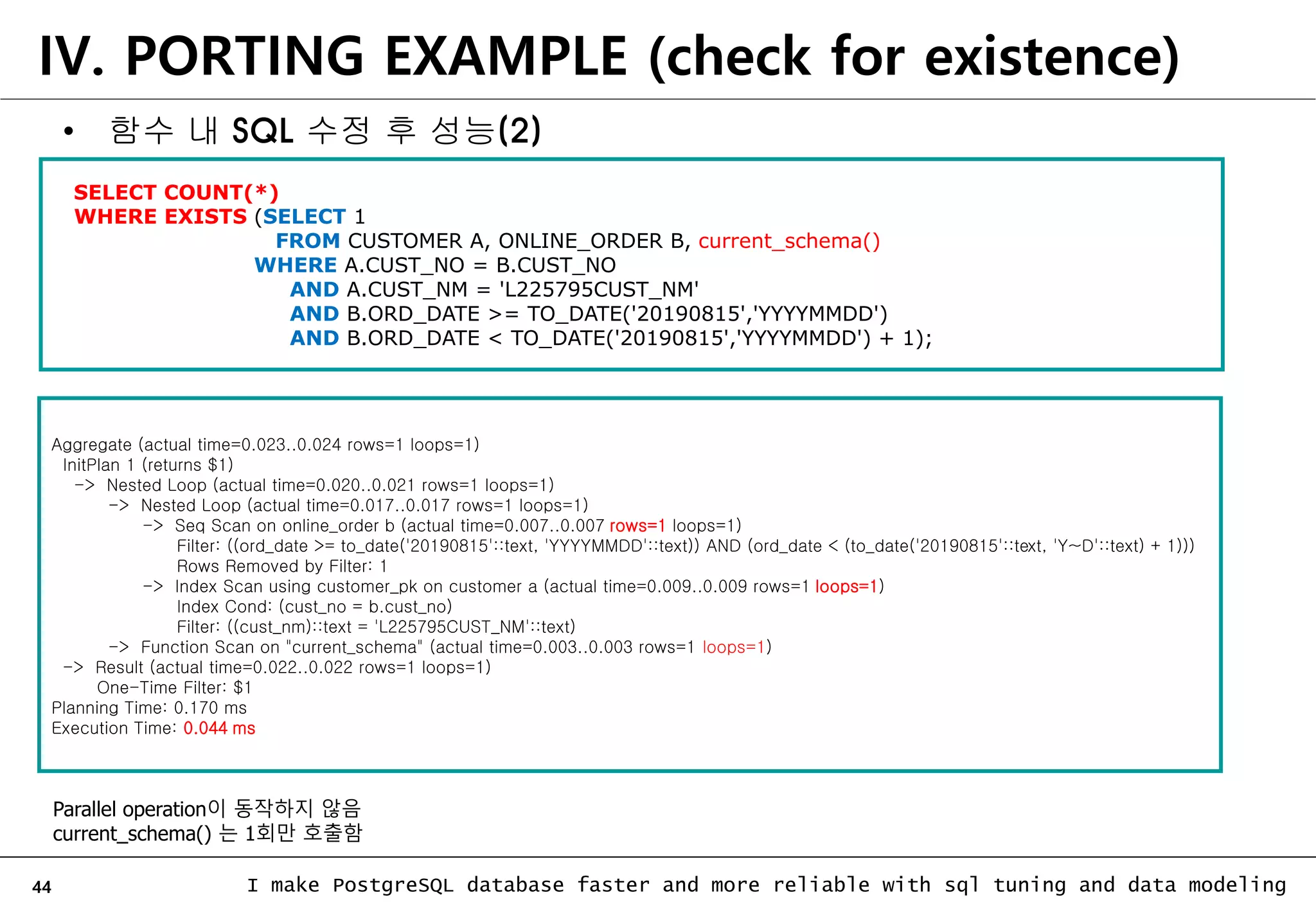44 I make PostgreSQL database faster and more reliable with sql tuning and data modeling SELECT COUNT(*) WHERE EXISTS (SELECT 1 FROM CUSTOMER A, ONLINE_ORDER B, current_schema() WHERE A.CUST_NO = B.CUST_NO AND A.CUST_NM = 'L225795CUST_NM' AND B.ORD_DATE >= TO_DATE('20190815','YYYYMMDD') AND B.ORD_DATE < TO_DATE('20190815','YYYYMMDD') + 1); Aggregate (actual time=0.023..0.024 rows=1 loops=1) InitPlan 1 (returns $1) -> Nested Loop (actual time=0.020..0.021 rows=1 loops=1) -> Nested Loop (actual time=0.017..0.017 rows=1 loops=1) -> Seq Scan on online_order b (actual time=0.007..0.007 rows=1 loops=1) Filter: ((ord_date >= to_date('20190815'::text, 'YYYYMMDD'::text)) AND (ord_date < (to_date('20190815'::text, 'Y~D'::text) + 1))) Rows Removed by Filter: 1 -> Index Scan using customer_pk on customer a (actual time=0.009..0.009 rows=1 loops=1) Index Cond: (cust_no = b.cust_no) Filter: ((cust_nm)::text = 'L225795CUST_NM'::text) -> Function Scan on "current_schema" (actual time=0.003..0.003 rows=1 loops=1) -> Result (actual time=0.022..0.022 rows=1 loops=1) One-Time Filter: $1 Planning Time: 0.170 ms Execution Time: 0.044 ms • 함수 내 SQL 수정 후 성능(2) Parallel operation이 동작하지 않음 current_schema() 는 1회만 호출함 IV. PORTING EXAMPLE (check for existence) 