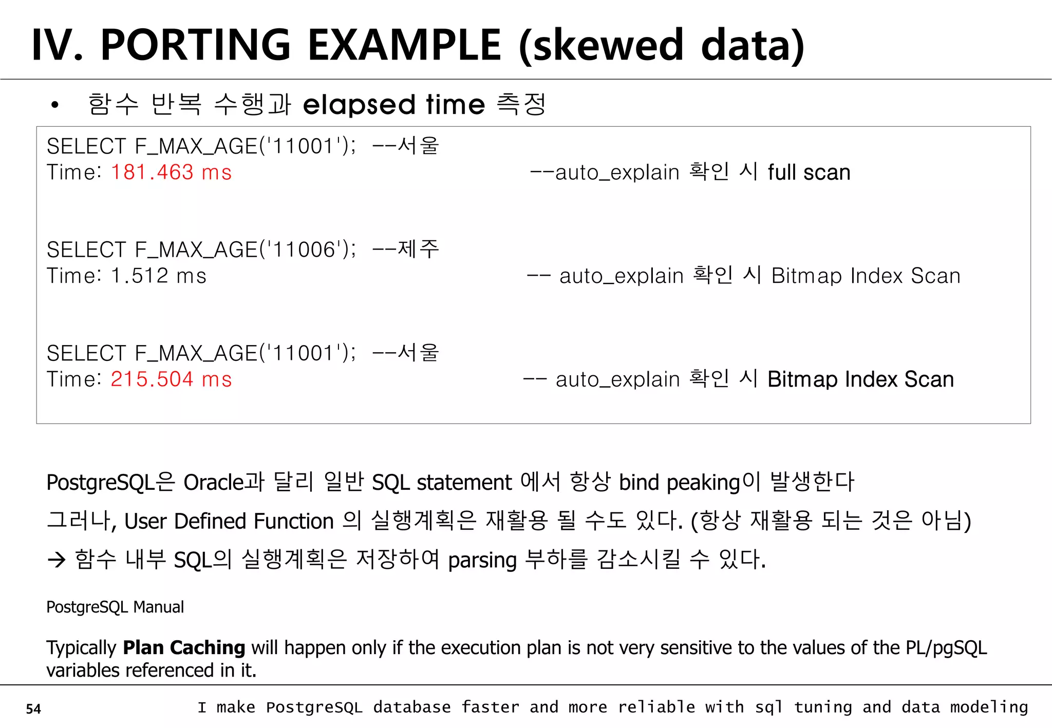 54 I make PostgreSQL database faster and more reliable with sql tuning and data modeling IV. PORTING EXAMPLE (skewed data) SELECT F_MAX_AGE('11001'); --서울 Time: 181.463 ms --auto_explain 확인 시 full scan SELECT F_MAX_AGE('11006'); --제주 Time: 1.512 ms -- auto_explain 확인 시 Bitmap Index Scan SELECT F_MAX_AGE('11001'); --서울 Time: 215.504 ms -- auto_explain 확인 시 Bitmap Index Scan PostgreSQL은 Oracle과 달리 일반 SQL statement 에서 항상 bind peaking이 발생한다 그러나, User Defined Function 의 실행계획은 재활용 될 수도 있다. (항상 재활용 되는 것은 아님)  함수 내부 SQL의 실행계획은 저장하여 parsing 부하를 감소시킬 수 있다. PostgreSQL Manual Typically Plan Caching will happen only if the execution plan is not very sensitive to the values of the PL/pgSQL variables referenced in it. • 함수 반복 수행과 elapsed time 측정 