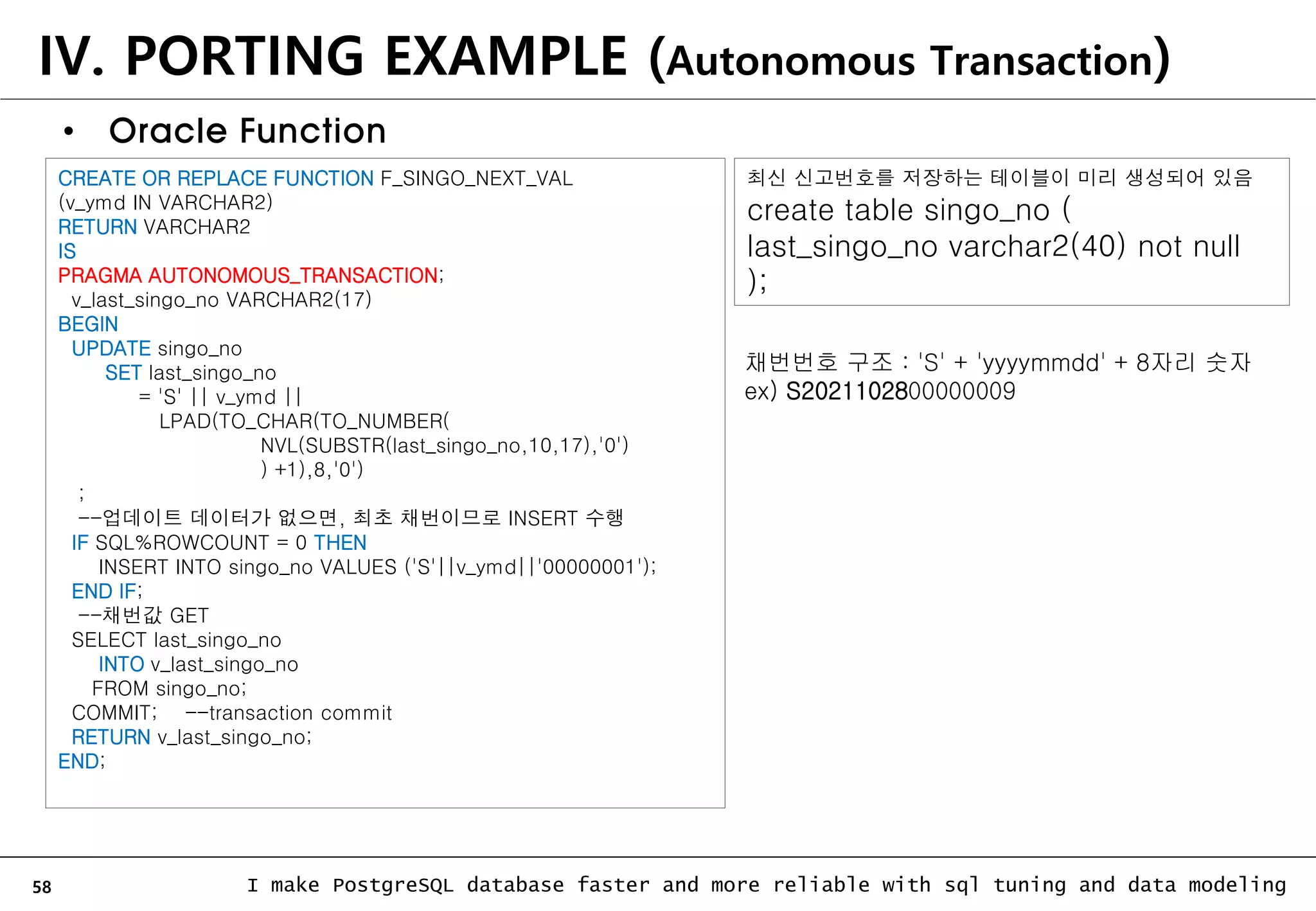 58 I make PostgreSQL database faster and more reliable with sql tuning and data modeling IV. PORTING EXAMPLE (Autonomous Transaction) • Oracle Function CREATE OR REPLACE FUNCTION F_SINGO_NEXT_VAL (v_ymd IN VARCHAR2) RETURN VARCHAR2 IS PRAGMA AUTONOMOUS_TRANSACTION; v_last_singo_no VARCHAR2(17) BEGIN UPDATE singo_no SET last_singo_no = 'S' || v_ymd || LPAD(TO_CHAR(TO_NUMBER( NVL(SUBSTR(last_singo_no,10,17),'0') ) +1),8,'0') ; --업데이트 데이터가 없으면, 최초 채번이므로 INSERT 수행 IF SQL%ROWCOUNT = 0 THEN INSERT INTO singo_no VALUES ('S'||v_ymd||'00000001'); END IF; --채번값 GET SELECT last_singo_no INTO v_last_singo_no FROM singo_no; COMMIT; --transaction commit RETURN v_last_singo_no; END; 최신 신고번호를 저장하는 테이블이 미리 생성되어 있음 create table singo_no ( last_singo_no varchar2(40) not null ); 채번번호 구조 : 'S' + 'yyyymmdd' + 8자리 숫자 ex) S2021102800000009 