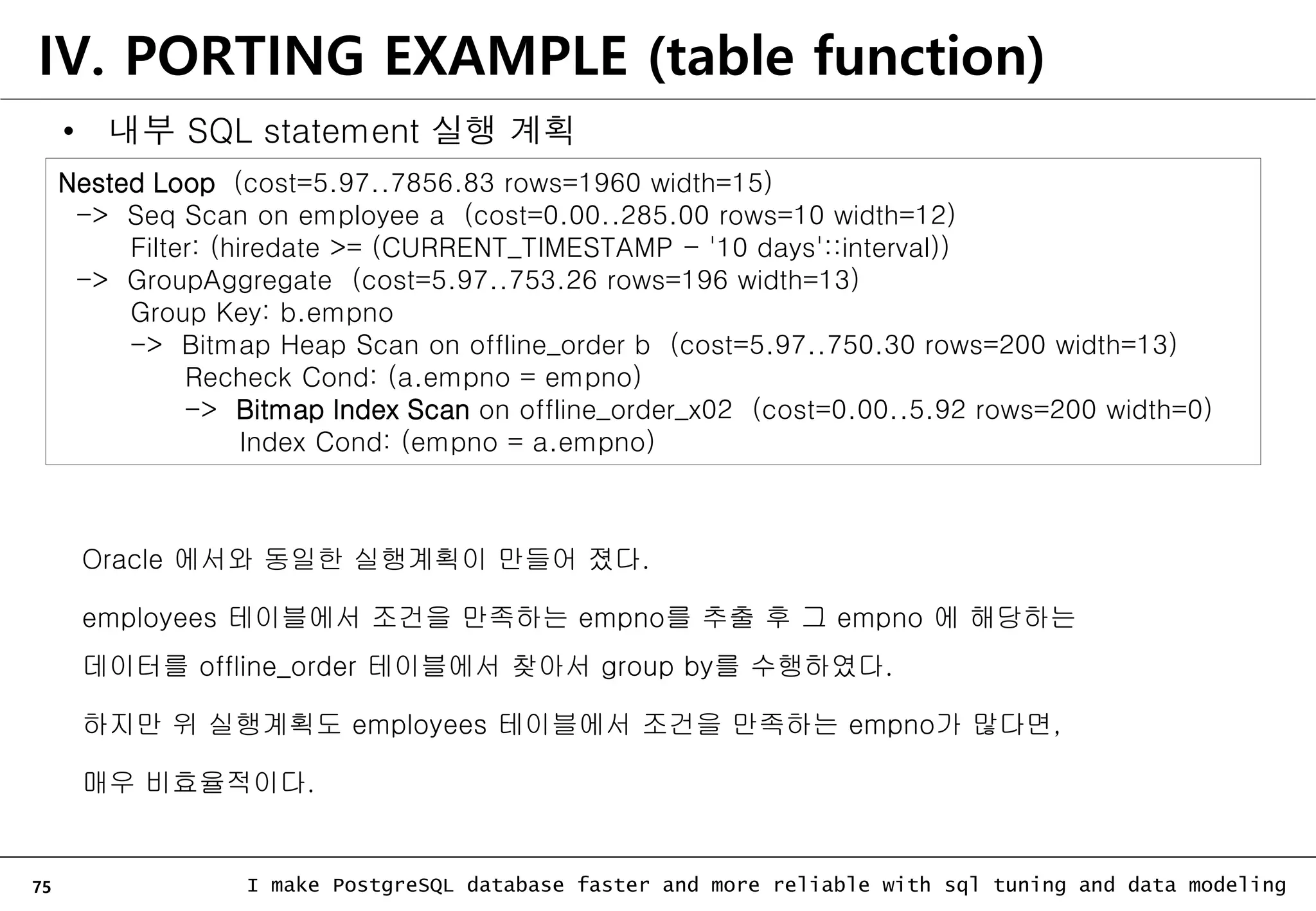 75 I make PostgreSQL database faster and more reliable with sql tuning and data modeling • 내부 SQL statement 실행 계획 Nested Loop (cost=5.97..7856.83 rows=1960 width=15) -> Seq Scan on employee a (cost=0.00..285.00 rows=10 width=12) Filter: (hiredate >= (CURRENT_TIMESTAMP - '10 days'::interval)) -> GroupAggregate (cost=5.97..753.26 rows=196 width=13) Group Key: b.empno -> Bitmap Heap Scan on offline_order b (cost=5.97..750.30 rows=200 width=13) Recheck Cond: (a.empno = empno) -> Bitmap Index Scan on offline_order_x02 (cost=0.00..5.92 rows=200 width=0) Index Cond: (empno = a.empno) IV. PORTING EXAMPLE (table function) Oracle 에서와 동일한 실행계획이 만들어 졌다. employees 테이블에서 조건을 만족하는 empno를 추출 후 그 empno 에 해당하는 데이터를 offline_order 테이블에서 찾아서 group by를 수행하였다. 하지만 위 실행계획도 employees 테이블에서 조건을 만족하는 empno가 많다면, 매우 비효율적이다. 