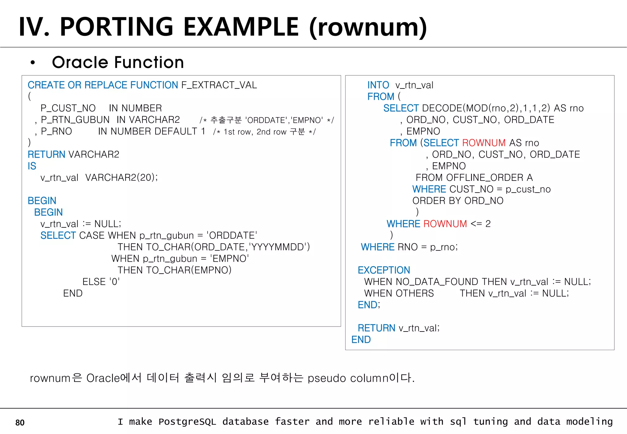 80 I make PostgreSQL database faster and more reliable with sql tuning and data modeling IV. PORTING EXAMPLE (rownum) • Oracle Function CREATE OR REPLACE FUNCTION F_EXTRACT_VAL ( P_CUST_NO IN NUMBER , P_RTN_GUBUN IN VARCHAR2 /* 추출구분 'ORDDATE','EMPNO' */ , P_RNO IN NUMBER DEFAULT 1 /* 1st row, 2nd row 구분 */ ) RETURN VARCHAR2 IS v_rtn_val VARCHAR2(20); BEGIN BEGIN v_rtn_val := NULL; SELECT CASE WHEN p_rtn_gubun = 'ORDDATE' THEN TO_CHAR(ORD_DATE,'YYYYMMDD') WHEN p_rtn_gubun = 'EMPNO' THEN TO_CHAR(EMPNO) ELSE '0' END INTO v_rtn_val FROM ( SELECT DECODE(MOD(rno,2),1,1,2) AS rno , ORD_NO, CUST_NO, ORD_DATE , EMPNO FROM (SELECT ROWNUM AS rno , ORD_NO, CUST_NO, ORD_DATE , EMPNO FROM OFFLINE_ORDER A WHERE CUST_NO = p_cust_no ORDER BY ORD_NO ) WHERE ROWNUM <= 2 ) WHERE RNO = p_rno; EXCEPTION WHEN NO_DATA_FOUND THEN v_rtn_val := NULL; WHEN OTHERS THEN v_rtn_val := NULL; END; RETURN v_rtn_val; END rownum은 Oracle에서 데이터 출력시 임의로 부여하는 pseudo column이다. 
