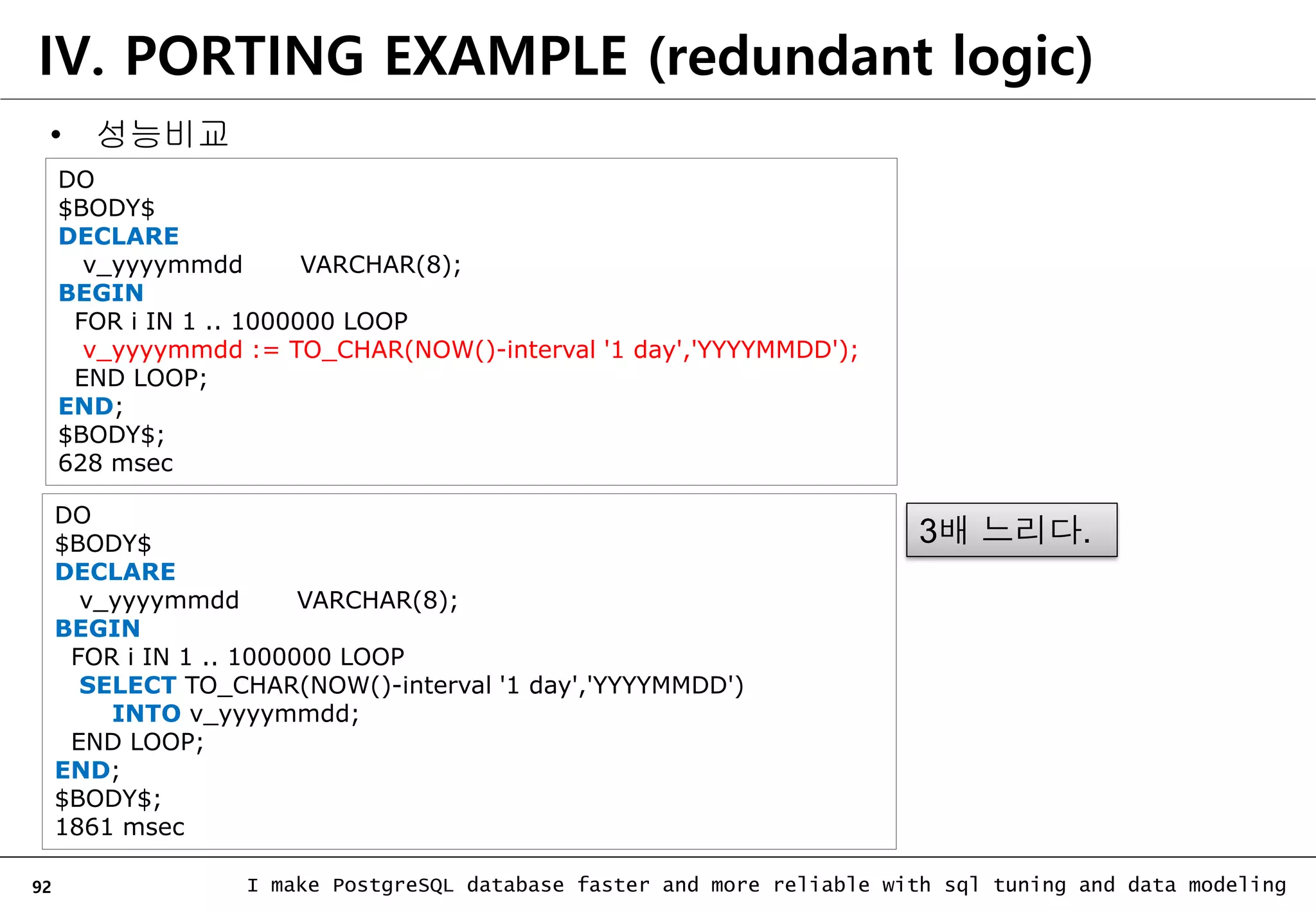 92 I make PostgreSQL database faster and more reliable with sql tuning and data modeling IV. PORTING EXAMPLE (redundant logic) • 성능비교 DO $BODY$ DECLARE v_yyyymmdd VARCHAR(8); BEGIN FOR i IN 1 .. 1000000 LOOP v_yyyymmdd := TO_CHAR(NOW()-interval '1 day','YYYYMMDD'); END LOOP; END; $BODY$; 628 msec DO $BODY$ DECLARE v_yyyymmdd VARCHAR(8); BEGIN FOR i IN 1 .. 1000000 LOOP SELECT TO_CHAR(NOW()-interval '1 day','YYYYMMDD') INTO v_yyyymmdd; END LOOP; END; $BODY$; 1861 msec 3배 느리다. 