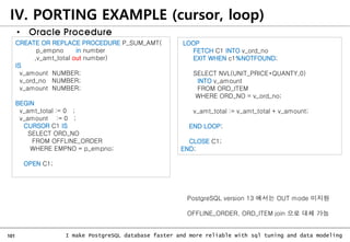 101 I make PostgreSQL database faster and more reliable with sql tuning and data modeling
IV. PORTING EXAMPLE (cursor, loop)
• Oracle Procedure
CREATE OR REPLACE PROCEDURE P_SUM_AMT(
p_empno in number
,v_amt_total out number)
IS
v_amount NUMBER;
v_ord_no NUMBER;
v_amount NUMBER;
BEGIN
v_amt_total := 0 ;
v_amount := 0 ;
CURSOR C1 IS
SELECT ORD_NO
FROM OFFLINE_ORDER
WHERE EMPNO = p_empno;
OPEN C1;
LOOP
FETCH C1 INTO v_ord_no
EXIT WHEN c1%NOTFOUND;
SELECT NVL(UNIT_PRICE*QUANTY,0)
INTO v_amount
FROM ORD_ITEM
WHERE ORD_NO = v_ord_no;
v_amt_total := v_amt_total + v_amount;
END LOOP;
CLOSE C1;
END;
PostgreSQL version 13 에서는 OUT mode 미지원
OFFLINE_ORDER, ORD_ITEM join 으로 대체 가능
 